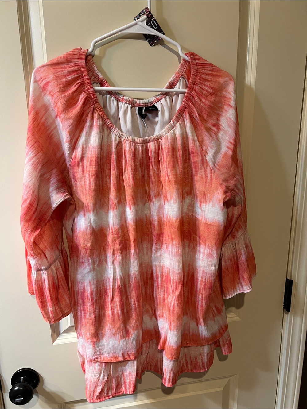 new directions Coral and White Tie-Dye Peasant Blouse H034
